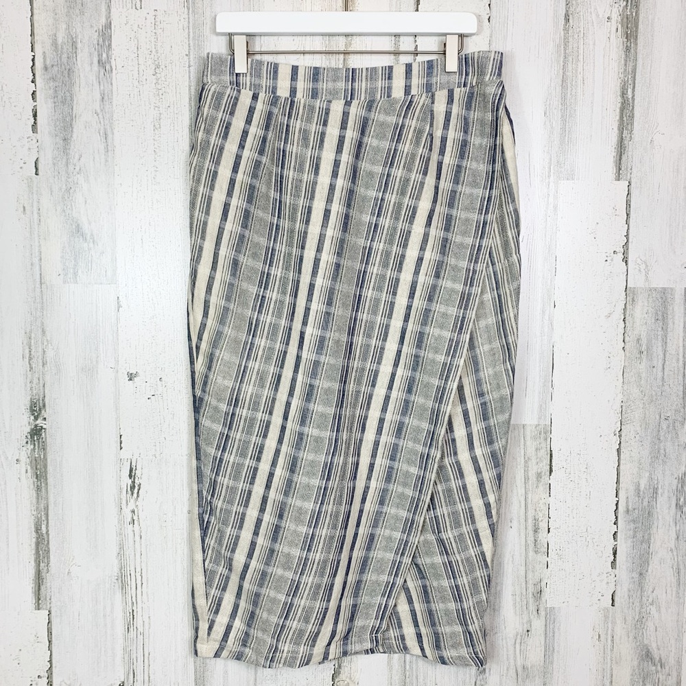 Kori America NWT Blue Striped Faux Wrap Cotton Midi Pencil Skirt Size Large